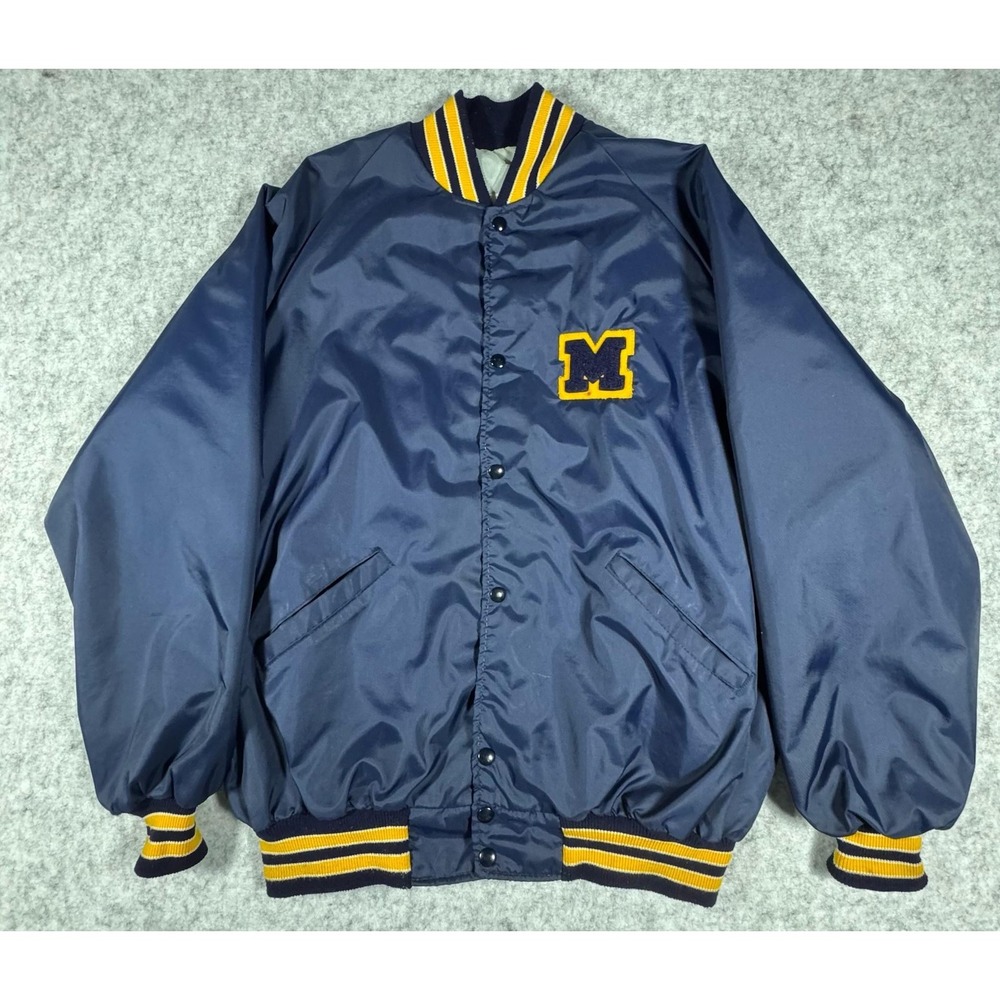 Vintage Michigan Wolverines Jacket Mens 2XL Blue DeLONG Nylon Varsity Snap USA - Picture 1 of 8